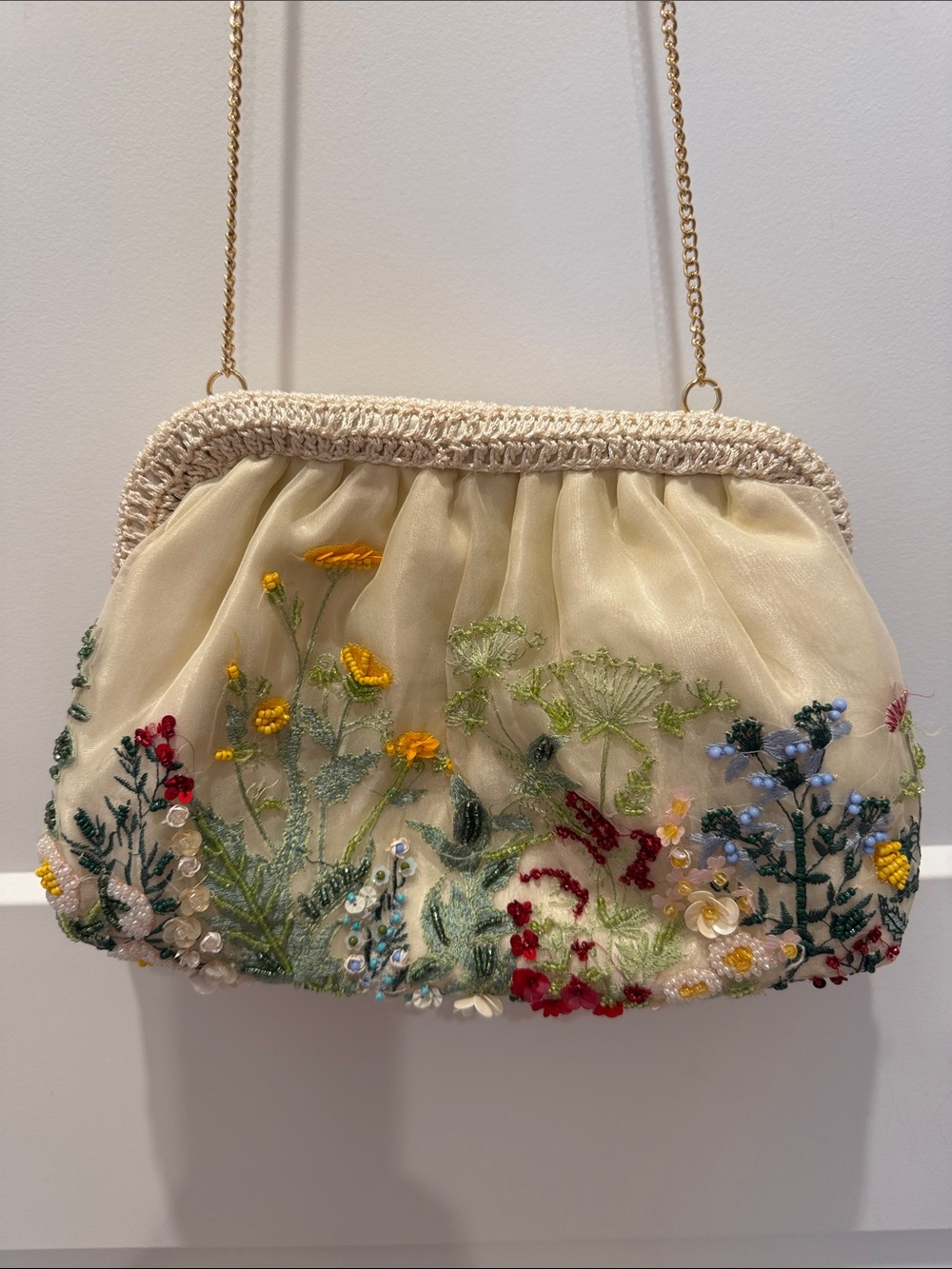 Cream Floral Beaded Crossbody bag with embroidery and Gold Chain